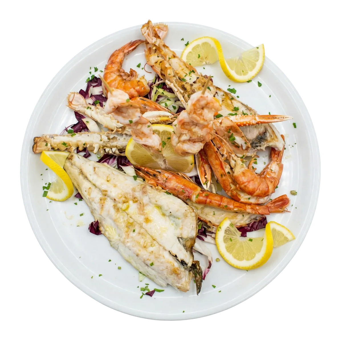 Grigliata mista di pesce fresco: scampi, gamberoni e filetti, il piatto simbolo della Trattoria Pizzeria 76