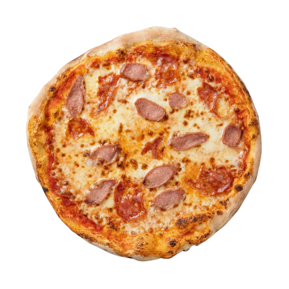 Pizza con salamino e würstel, cotta nel forno a legna